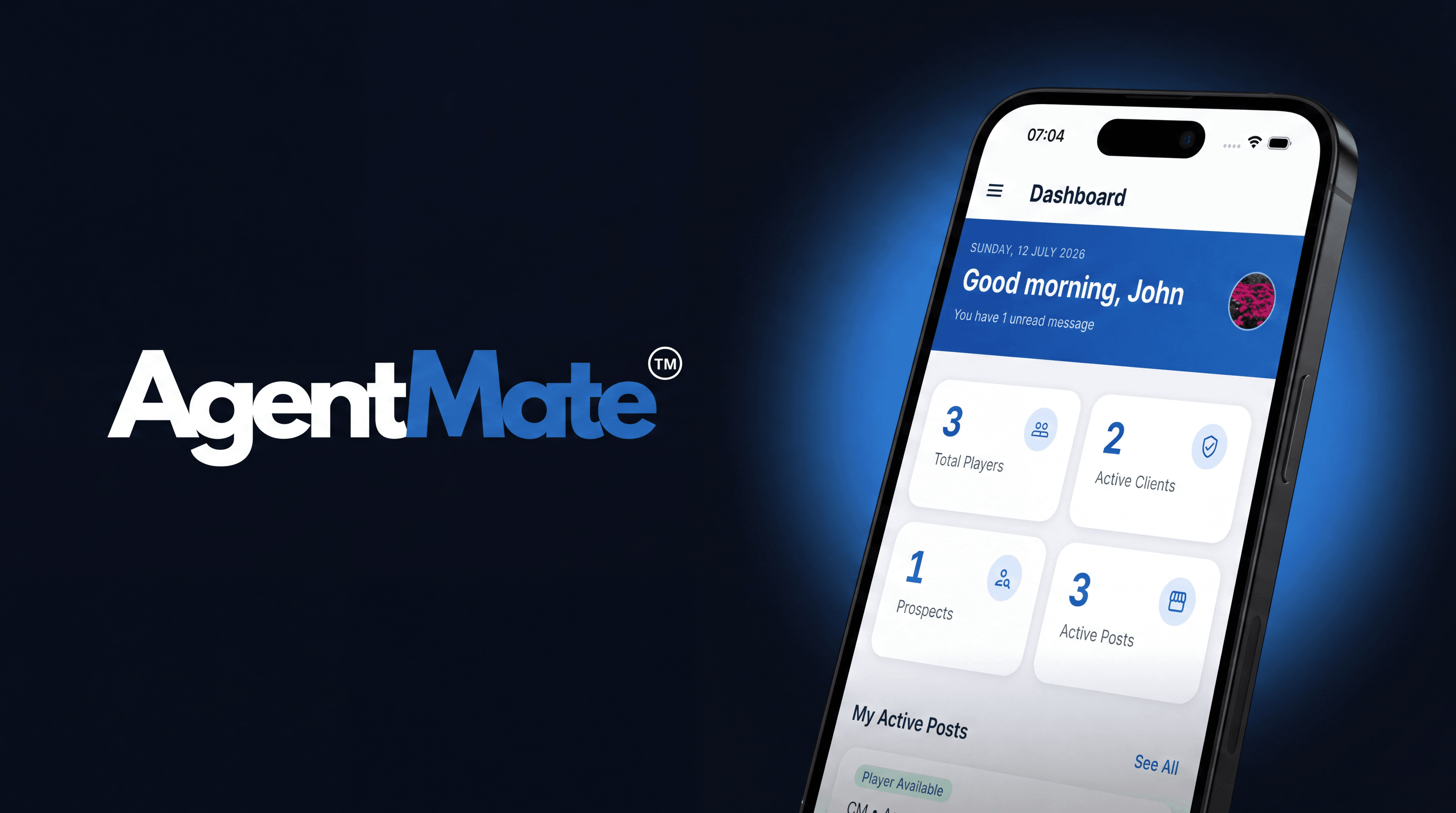 Agent Mate app dashboard showing player stats, active clients, and market posts